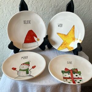 Rae Dunn: Festive Holiday Ceramic Plates-“Merry, Believe, Give, Wish”- 4 plates